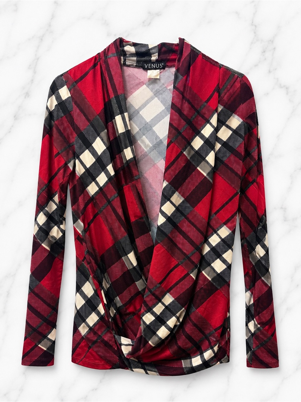 VENUS Red Plaid Surplice Long Sleeve Top | Size Small